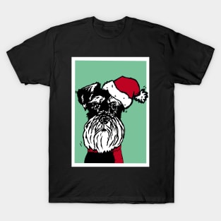 Miniature Schnauzer in Christmas Santa Hat and Red Woolly Scarf Linoprint T-Shirt